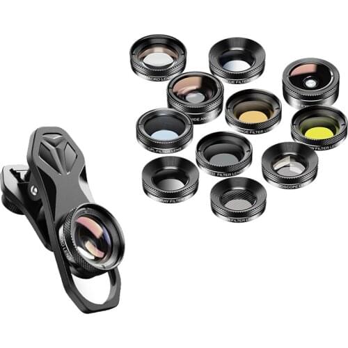 NEW-APEXEL 11 in 1 Camera Phone Lens Kit Wide Angle Macro Full Color/Grad Filter CPL ND Star Filter for iPhone Xiaomi All Smartp
