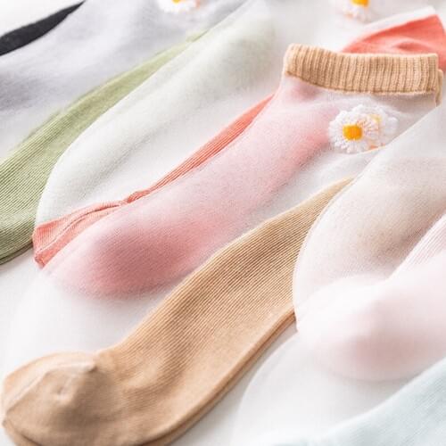 1 Pair of Summer Thin Transparent Socks Daisy Candy Color Glass Fiber Womens Socks 2021 Summer New Style Cute Girl Socks