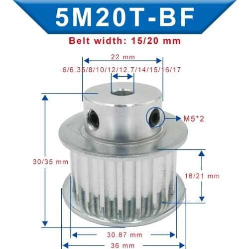5M-20T Pulley Bore 6/6.35/8/10/12/12.7/14/15/16/17 mm Aluminum Belt pulley Slot Width 16/21 mm For Width 15/20 mm 5M-timing belt