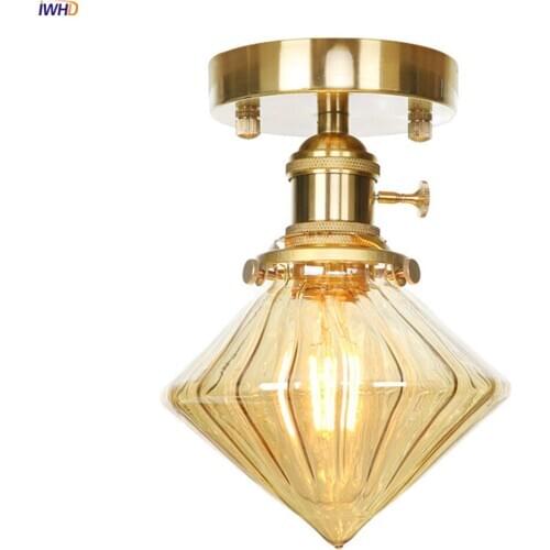 IWHD Diamond Shade Glass LED Ceiling Lights For Living Room Porch Balcony Nordic Glass Copper Ceiling Lamps Lamparas De Techo