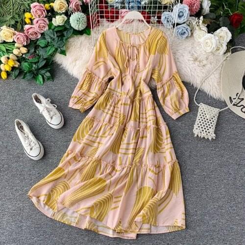 Holiday Beach Women Casual Girdle Lace-up V-neck Polyester Long-sleeved Dress Ladies Slim Slender Waist Swing Long Dress