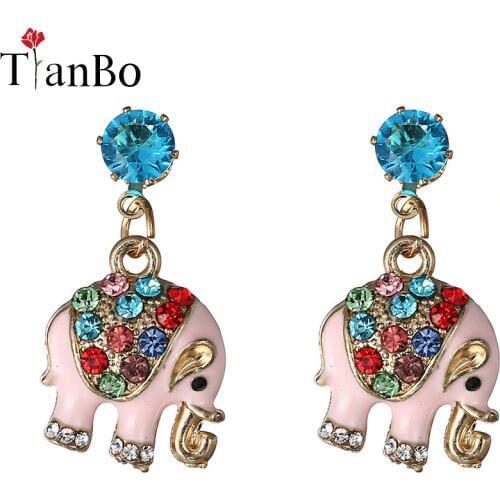 TianBo Colorful Crystal Stud Earrings Women Jewelry Cute Elephant Stud Earrings Animal Brinco Gold Color Statement Earrings