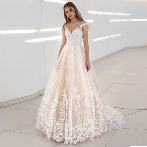 Vestido De Noiva Light Champagne Wedding Dress With Lace Princess 2020 Bridal Appliques Beaded Court Train A Line Bridal Gowns