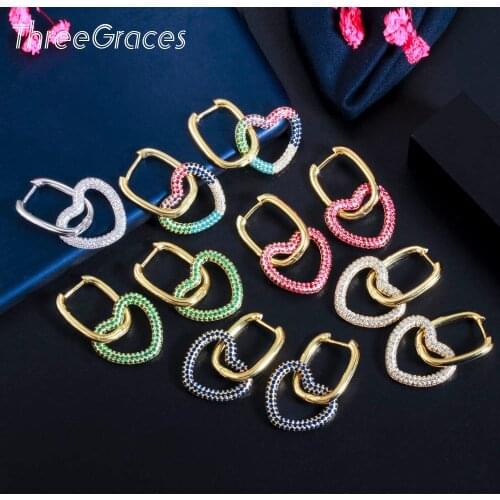 ThreeGraces Fashion Gold Color Multicolor Cubic Zirconia Dangling Love Heart Shape Hoop Earring Women Chic Costume Jewelry ER564