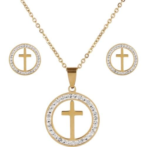 ORCHYO Crystal Cross Round Pendant Necklace & Earrings Women Gold/Silver Color Stainless Steel Crucifix Jewelry Sets Christian