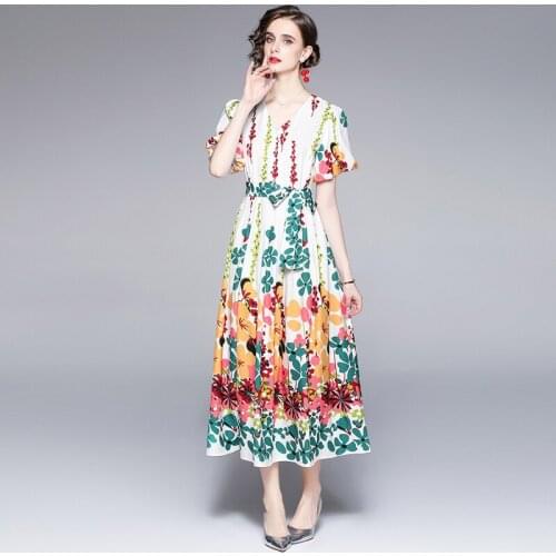 New 2021 Fashion Runway Summer Vintage Long Dress Women Loose Flare Sleeve Floral print Ruffles Elegant Vacation Dress k5642