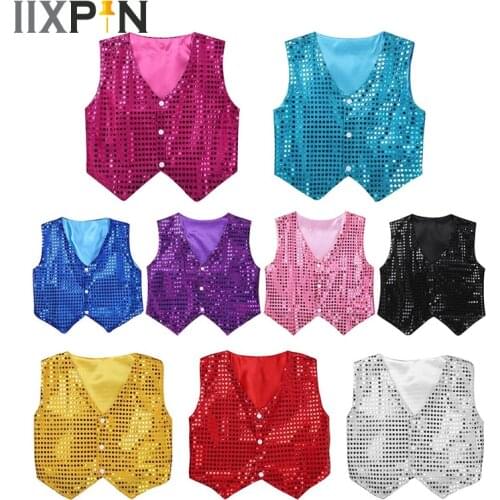 IIXPIN Kids Hip Hop Jazz Dance Costumes Tops Shining Sequind Vest Waistcoat Boys Choir Student Stage Performance Party Dancewear