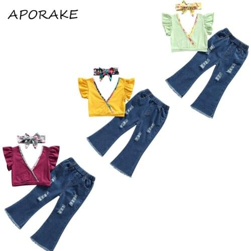 2021 1-5Y Fashion Kids Baby Girl Clothes Set Floral V Neck Fly Sleeve Crop Top+Denim Flare Pants+Headband Summer Outfits 3pcs