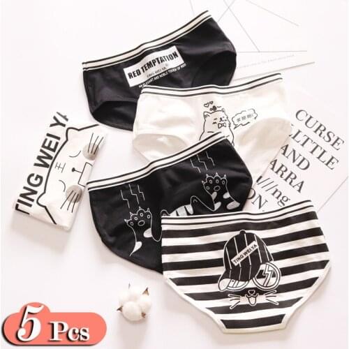 5Pcs/Lot Simple Black White Cartoon Briefs Set Cat Cute Girls Underwear Women Mid Waist Cotton Sanitary Soft Simplicity Vogue Se