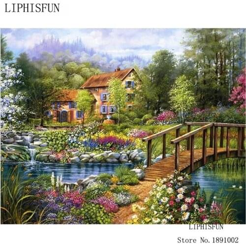5D Full Drill DIY Diamond Painting Scenery Bridge And Villas Square Rhinestone Diamond Embroidery Cross Stitch Diamond