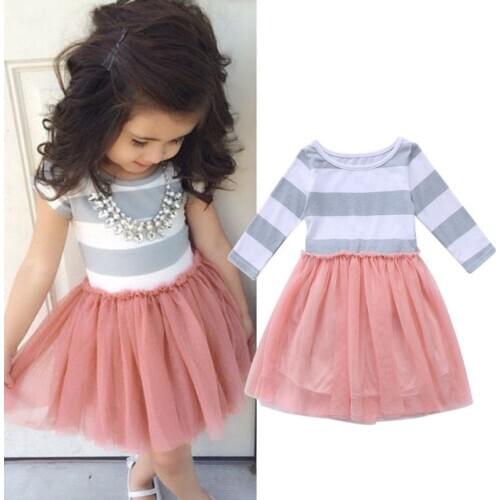 Kids Baby Girl Striped Tulle Patchwork Long Sleeve Princess Dress Party Wedding Pageant Formal Dress Clothes
