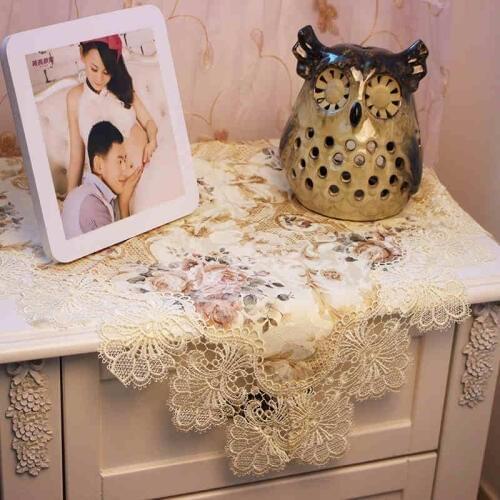 European 1Pcs Drawnwork Satin Silk Table Cloth Lace Embroidery Hollow Out Flower Tablecloth Wedding Desk Decor Home Dust Cover