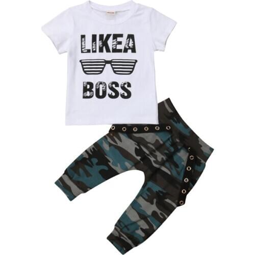 FOCUSNORM Toddler Baby Boys Set Short Sleeve Hip Hop Tops T-shirt Camo Pants 2Pcs Outfits Set Clothes