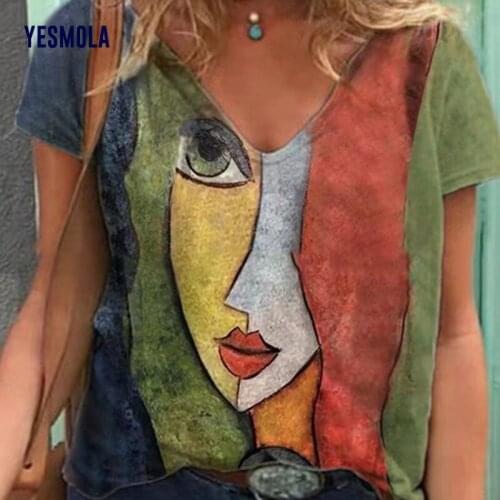 YESMOLA Womens T Shirt Summer Casual V Neck Tshirt Oversize Print Tops Loose Vintage Female Streetwear Short Sleeve Clothes