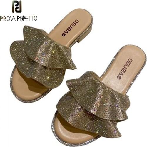 Summer Shiny Rhinestones Ruffles Slippers New Black Casual All-match Beach Vacation Flat Sandals and Slippers