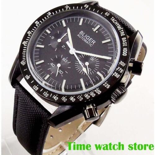40mm Bliger multifunction Automatic watch for men Date Week display black dial bezel leather strap PVD coated case fully black