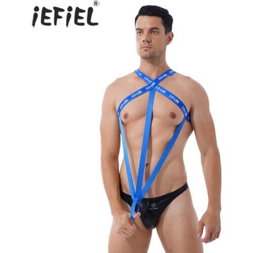 Men Halter Neck Hallow Out Sexy Bodycon Bodysuit Letter Print Catsuit Lingerie Jumpsuit Nightclub Stage Performance Costume