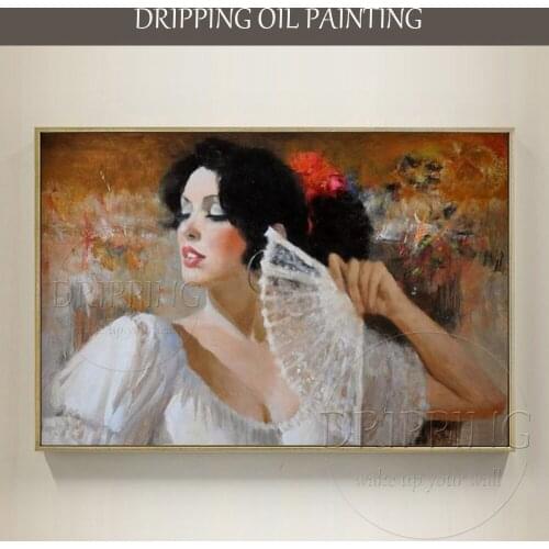 New Design Hand-painted Impressionist Lady with Fan Oil Painting on Canvas Beauty Figure Lady Portrait Oil Painting for Wall