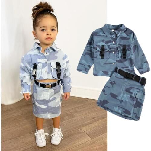 Pudcoco 2pcs Toddler Autumn Outfits Camouflage Lapel Long-sleeves Blouse + High-waist Short Skirt for Little Girls 2-7 Years