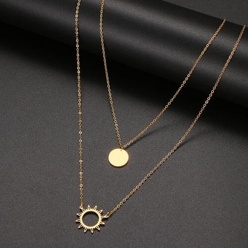 Stainless Steel Pendant Sun Flower And Geometric Round Multi-Layer Style Necklace For Women Jewelry Party Friend Gifts 2021 New