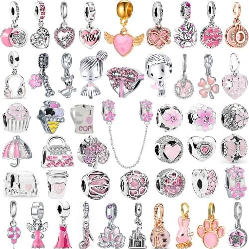 New Pink Ice Cream Heart-shaped MOM Flower Pendant Suitable for Original Pandora Charm Bracelet Necklace DIY Ladies Jewelry Gift