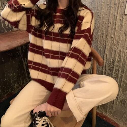 Pullovers Women Autumn Knitted Striped Vintage Retro O-neck Long Sleeve Loose Simple Preppy Style All-match Casual Korean Lazy