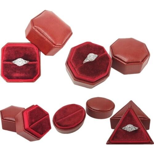 Hexagon Velvet Ring Bearer Box Premium Vintage PU Triangle Single Ring Display Holder with Detachable Lid for Proposal Wedding