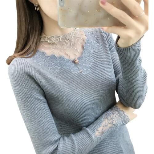 Sweater Women 2021 New Spring Autumn Fashion Lace V-Neck Knitted Tops Long Sleeve Pullover Female Tricot Jumper Pull Femme