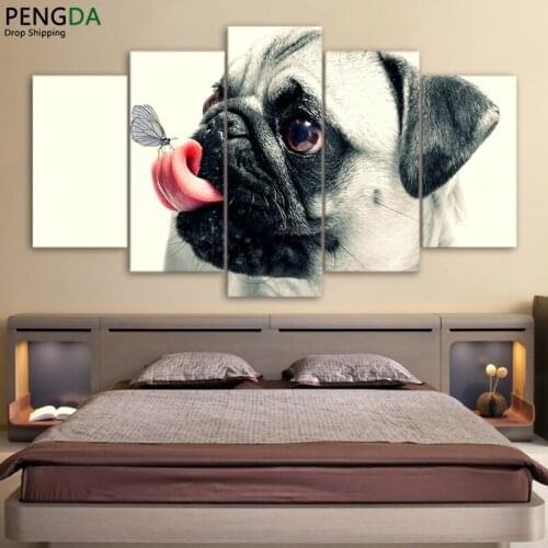 Wall Art Canvas Painting Frame HD Print Modern Pugs Poster Living Room Home Decor 5 Pieces Cute Pet Dog Modular Pictures PENGDA
