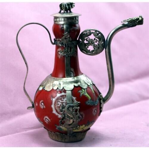 Design silver tibet silver 19th unique design antique monkey dragon phoenix teapot;TBW-0031 tools wedding Decoration Brass