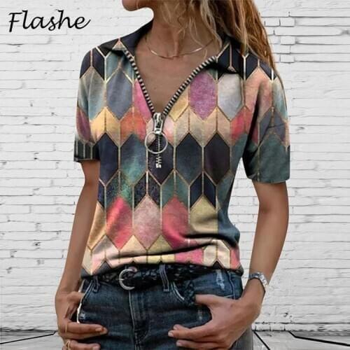 Womens T-Shirt 2021 New Summer Printed Woman Tops Deep V Neck Zipper Female T Shirt Casual Short Sleeve Office Ladies Tops