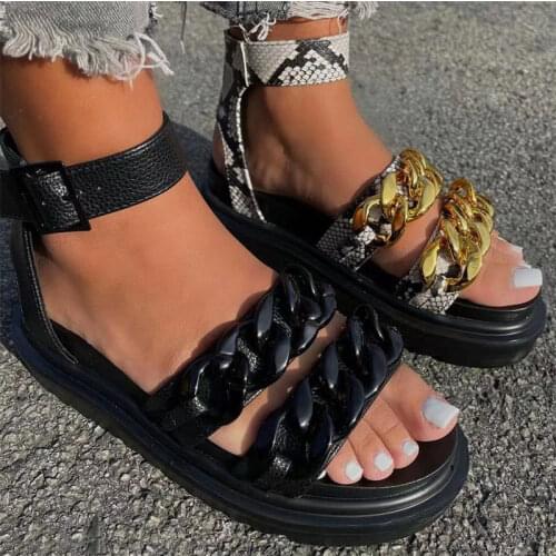 Women Sandals 2021 New Chain Summer Shoes Women Heels Sandals Casual Platform Sandalias Ankle Strap Flat Chaussure Femme