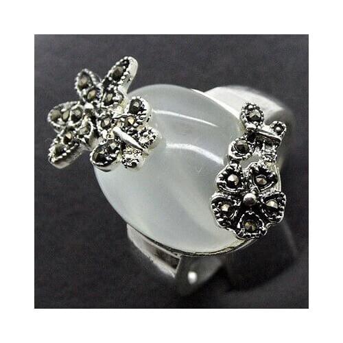 Ladys valentise gift 925 SILVER 28*15MM NATURAL WHITE OPAL jade MARCASITE RINF SIZE 7/8/9/10