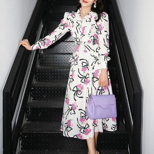 2021 Summer Spring Dress Women Fashion Office Lady Button Flower Printed High Quality Dresses