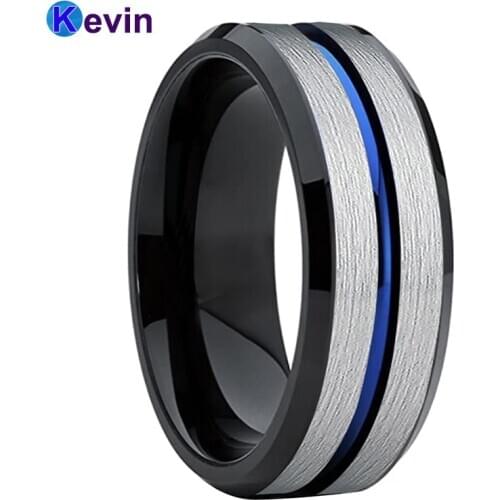 Black Blue Tungsten Carbide Ring Men Women Wedding Band 8MM With Blue Groove Brush Finish