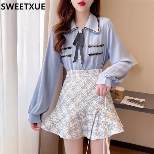 SWEETXUE Fashion Temperament Lady Suit ladies Bow Chiffon Shirt + High Waist Ruffled Tweed Fishtail Skirt Lovely Two-Piece Set