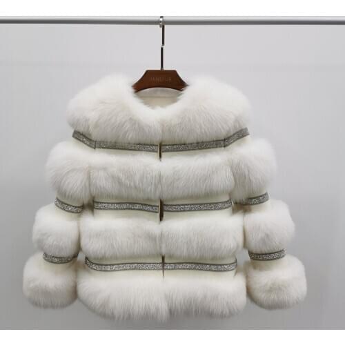Winter Women Short Sweet Fashion Shiny Rhinestone O-Neck Real Fox Fur Jacket Coat MSJ-FC-16