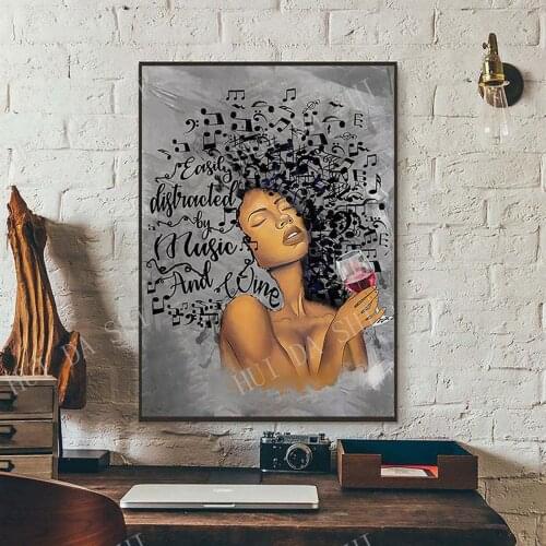 Easily Distracted By Music and Wine Poster, Black Woman Art Print, African America Canvas, Pot Head Music Notes Wall Art