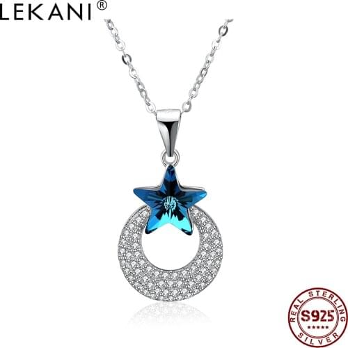 LEKANI Genuine 100% 925 Sterling Silver Star Moon Necklace Pendant Trendy Blue Austria Crystal Necklaces Women Silver Jewelry