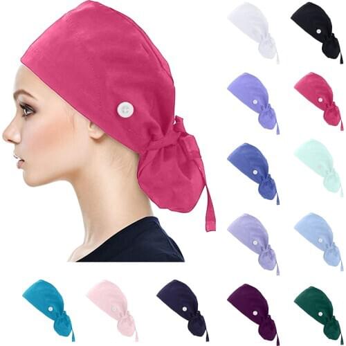 Fashion Cotton Nurse Hat Solid Color Scrub Cap Nurse Accessories Button Bouffant Hat Sweatband Gorro Enfermera Hats For Unisex