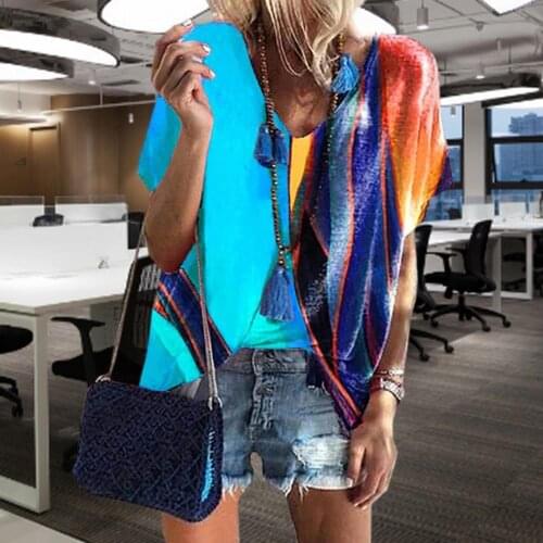 Fashion Summer Women T-shirt Color Block Loose V Neck Short Sleeve Top for Work Plus Size M-3XL Пуловер Футболка Женская T-shirt