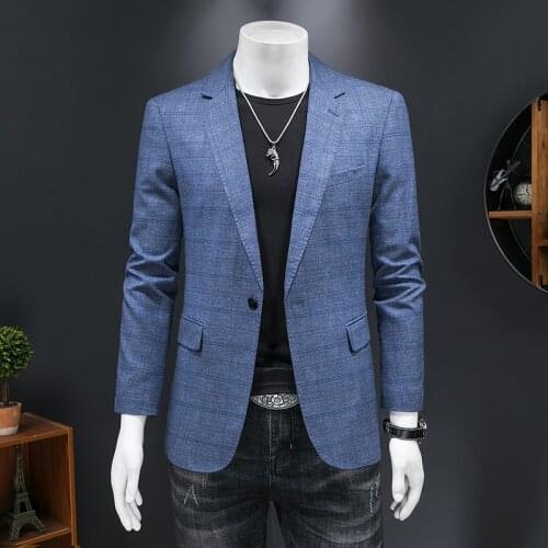 Fashion Plaid Blazer For Men 2021 Slim Fit Mens Blazers Jackets Terno Masculino Red Gray Light Blue Casual Male Blazer Q1308
