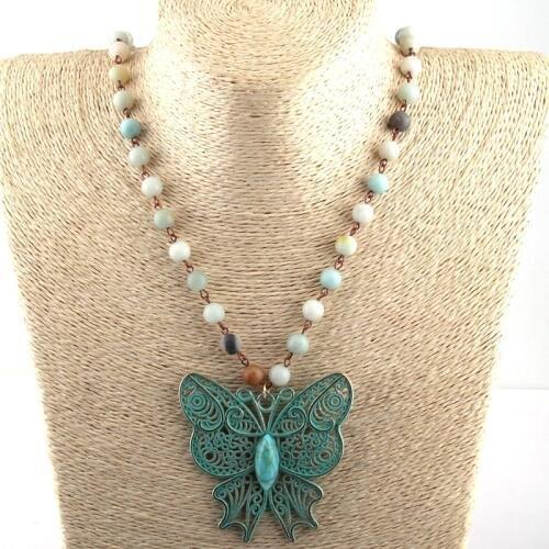 MOODPC Free Shipping Bohemian Jewelry Amazonite Stones Rosary Chain Metal butterfly Hand Palm Metal Tassel Necklace For Women