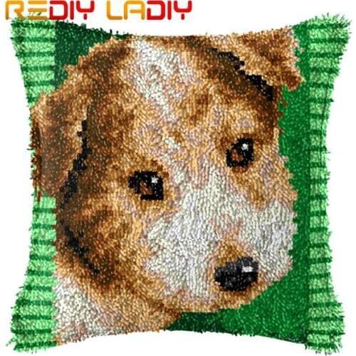 Latch Hook Kits Make Your Own Cushion Puppy Dog Pre-Printed Canvas Crochet Pillow Case Latch Hook Cushion Front Hobby & Crafts