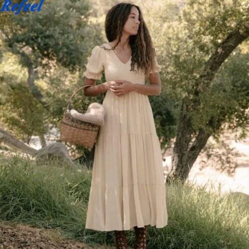 Summer Apricot Long Dress For Women Elegant V Neck Puff Sleeve Vintage Dress Elastic Office Lady Aline Female Vestidos