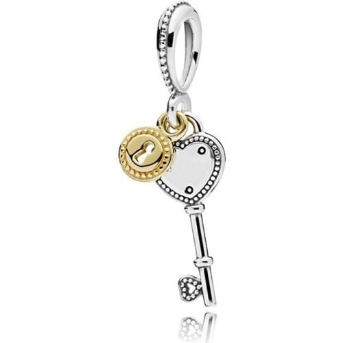 Gold Lock Heart Key Charms Pendant Fit Original Pan Bracelet Good Lucky Beads Jewelry for Women Pulseiras Accessories DIY Bangle