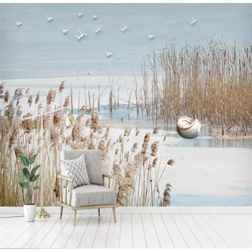 Custom wallpaper modern minimalist Mediterranean reed flowers and birds background wall decorative painting waterproof material
