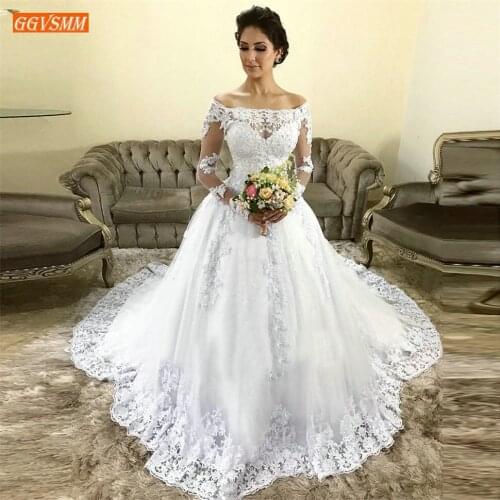 Fabulous Chapel White Wedding Dresses 2020 Off The Shoulder Lace Applique Wedding Gowns Long Sleeve Pageant Princess Bride Dress