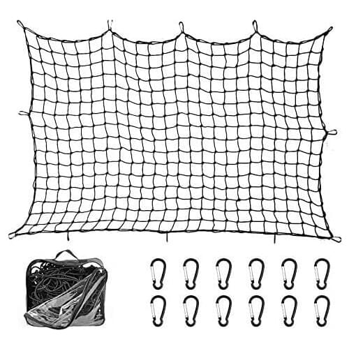 Super Duty Bungee Cargo Net for Truck Bed Stretches to 12 Tangle-Free D Clip Carabiners | Small Mesh Holds Small and Large Loads