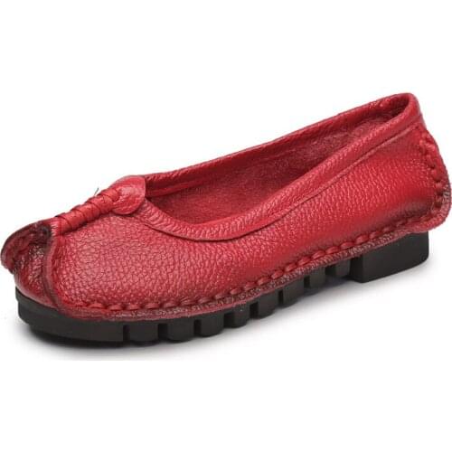 Womens Genuine Leather Flat Shoes Comfortable Retro Ballet Flats Shoes Casual Loafers Slip on Lazy Shoes Female Fashion